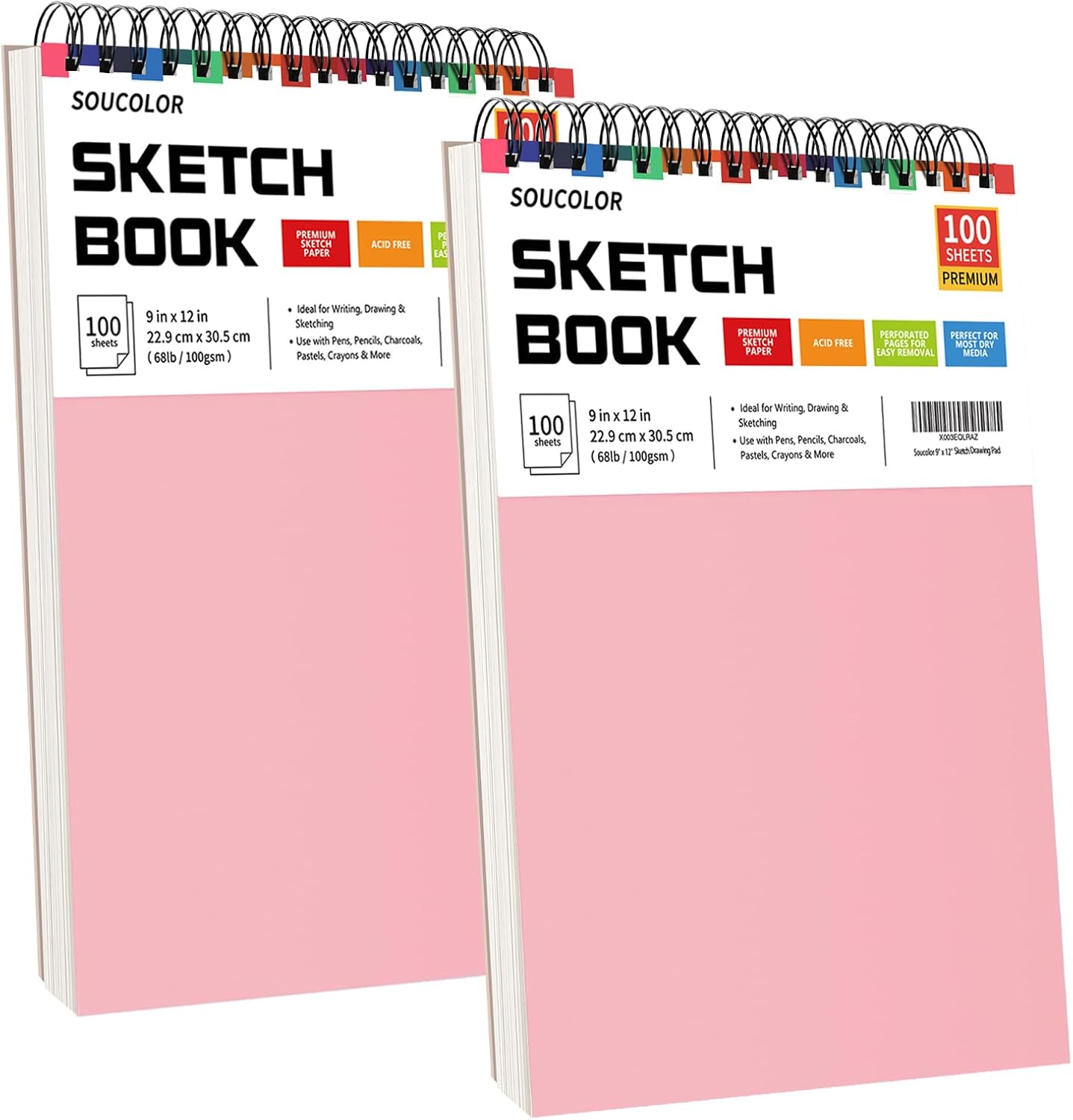 2-Pack 100 Sheets Spiral Bound Art Sketchbook, Acid Free, 9" x 12" Sketch Book
