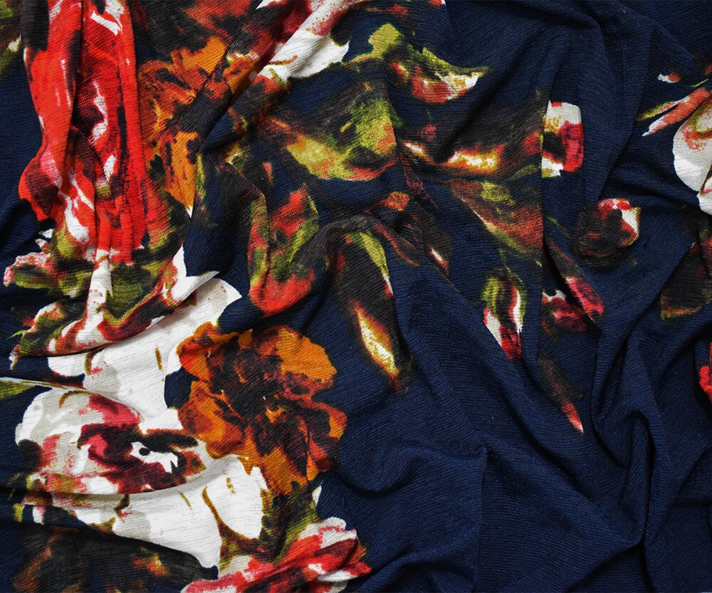 Deep Navy Blue-Multi Poly Floral Printed Onion Skin Jersey Knit Fabric By the Yard