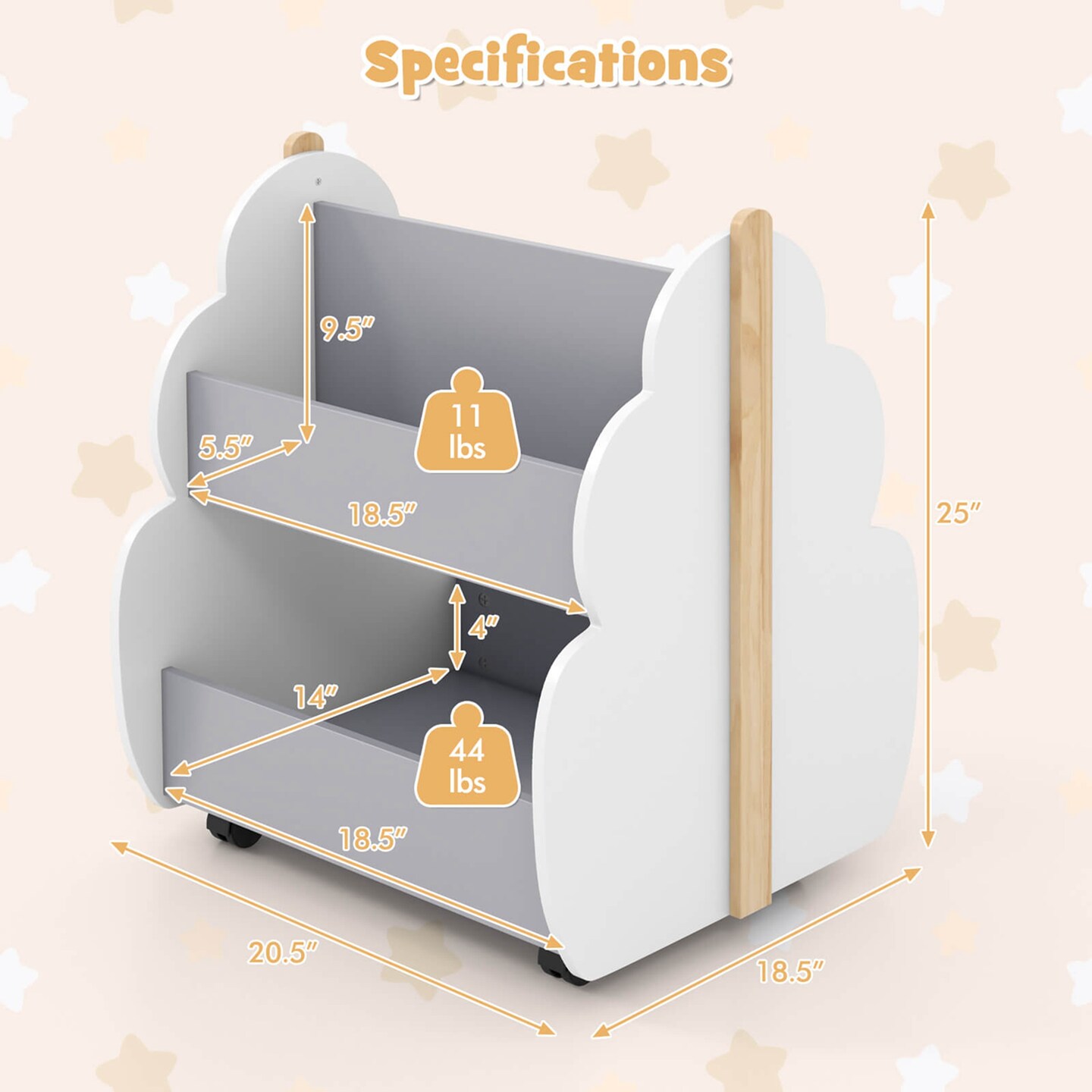 Costway Kids Wooden Bookshelf with Wheels 2-Tier Toy Storage Shelf Double-sided Bookcase Grey/Natural