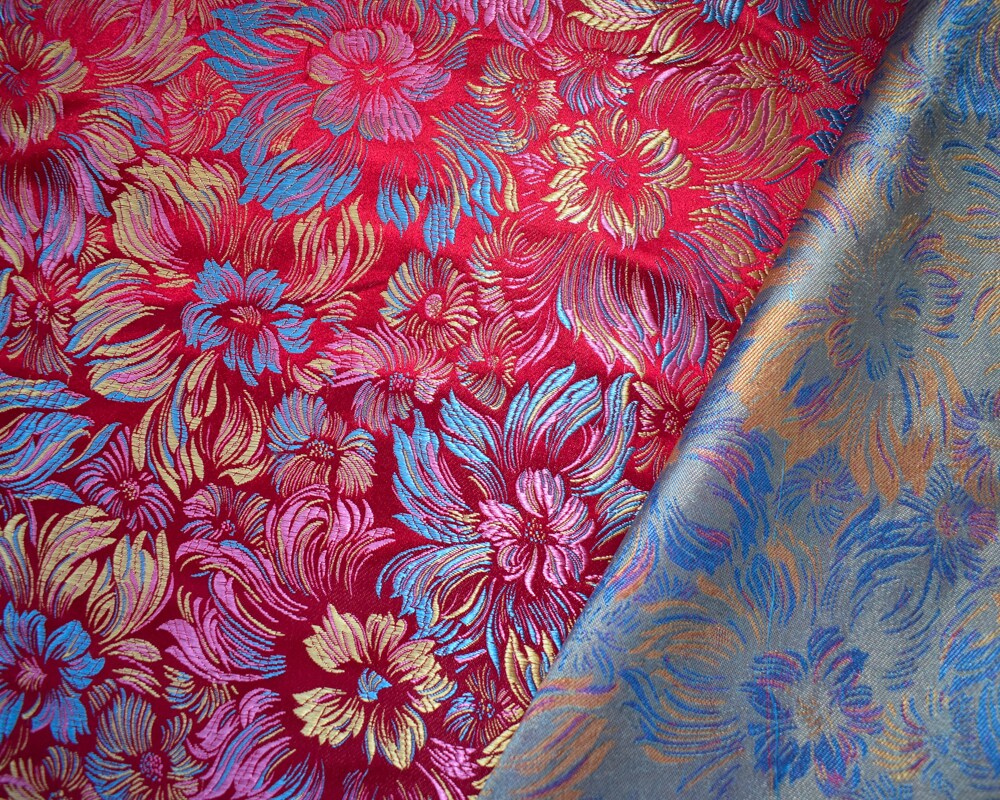 Red-Blue-Multi Polyester Floral Chinese Brocade Woven Fabric By the Yard