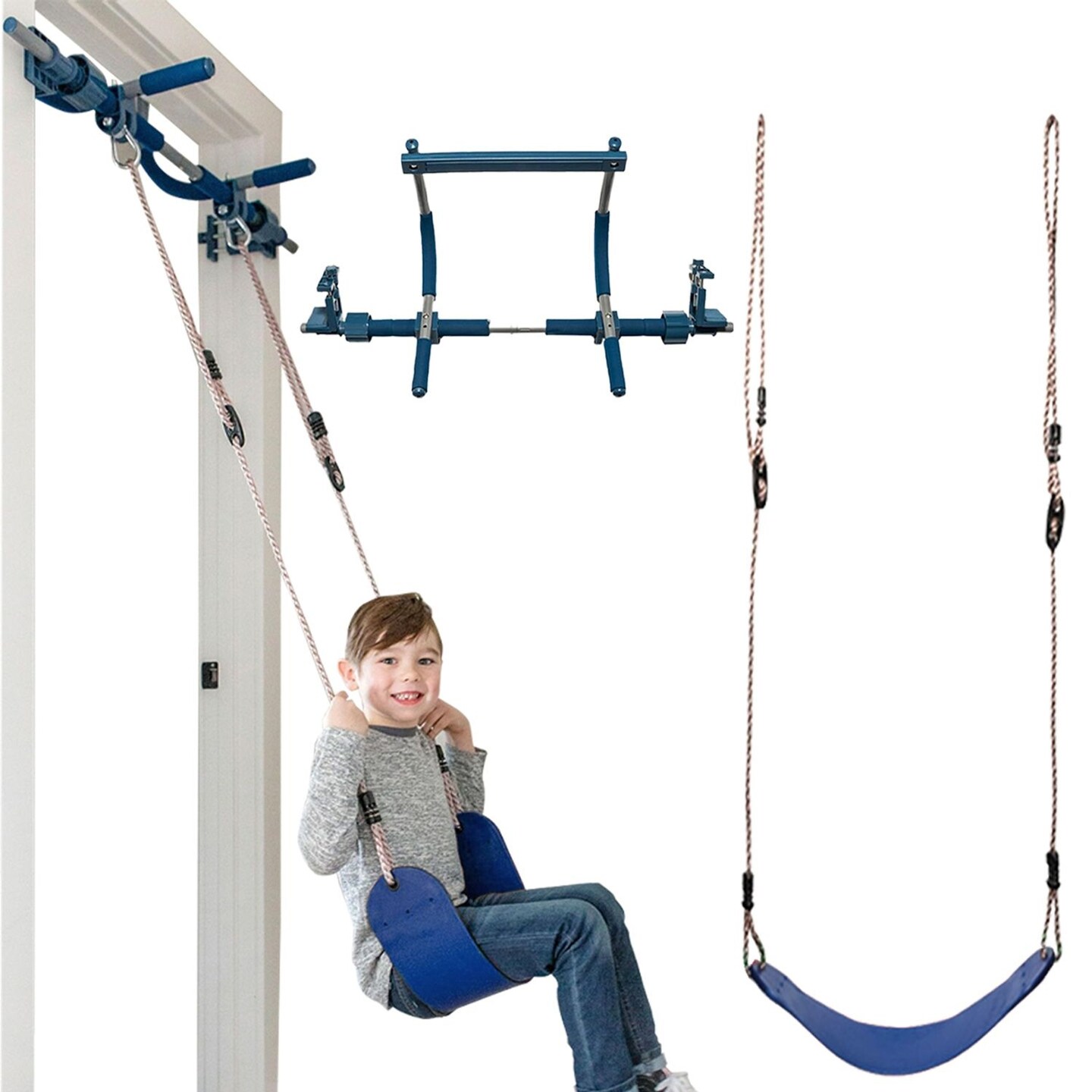 Gym1 Doorway Swing & Pull-Up Bar Gym - Pull-Up Bar Strength Training & Kids Exercise Equipment - Sensory Swing & Rope Ladder Indoor Playset - Indoor Playground for Kids - 2-Piece, Blue