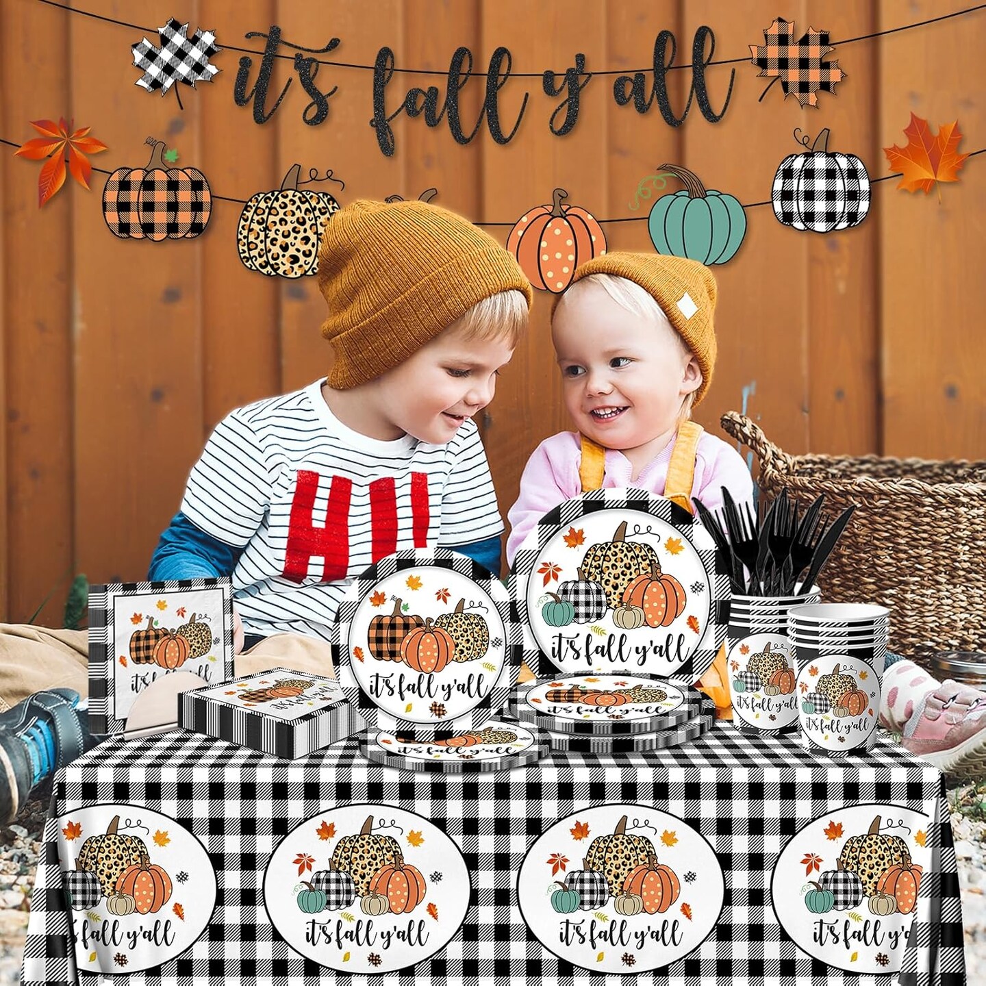 Black White Buffalo Plaid Pumpkins Fall Plaid Paper Plates (Black, White)