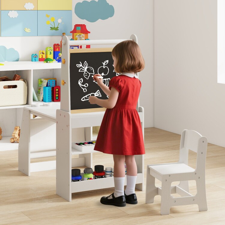 Kids Art Table and Chair Set with Whiteboard Chalkboard Easel Storage and Paper Roll for Drawing