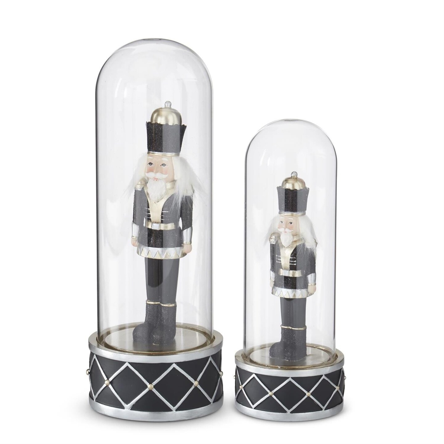 Set of 2 Black &#x26; Gold Nutcracker Soldiers Under Glass Cloche &#x2013; Elegant Christmas D&#xE9;cor