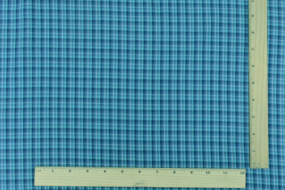 Navy Blue-Teal-Multi Plaid Cotton-Polyester Madras Woven Fabric By the Yard