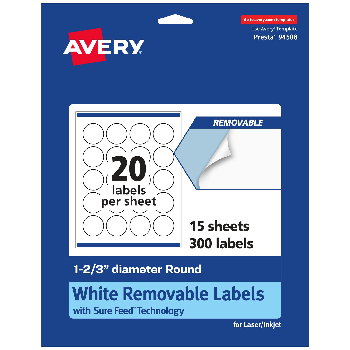 Avery Matte White Removable Round Labels with Sure Feed Technology, Print-to-the-Edge, 1-2/3" diameter
