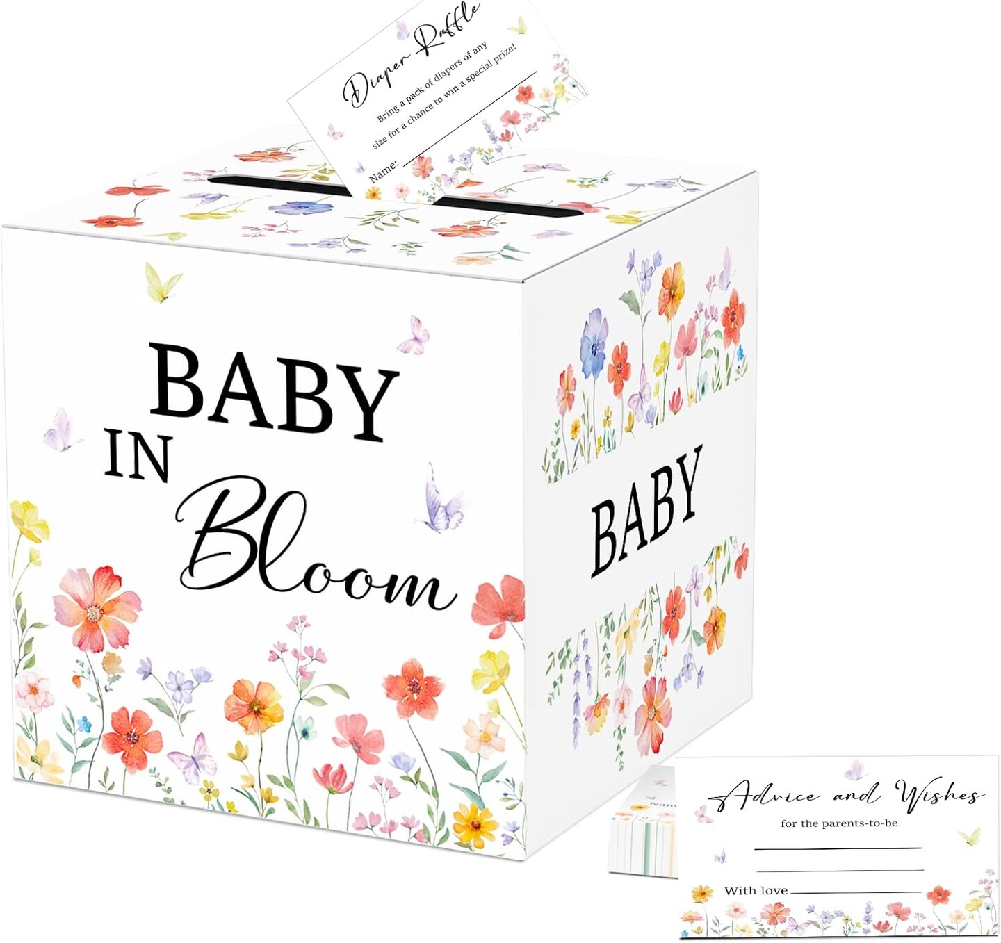 50 Pieces Diaper Raffle Tickets with Box Baby Shower Game Invitations Diaper Raffle Cards Diaper Raffle Box Set for Baby Shower Gender Reveal Party Supplies Card Box