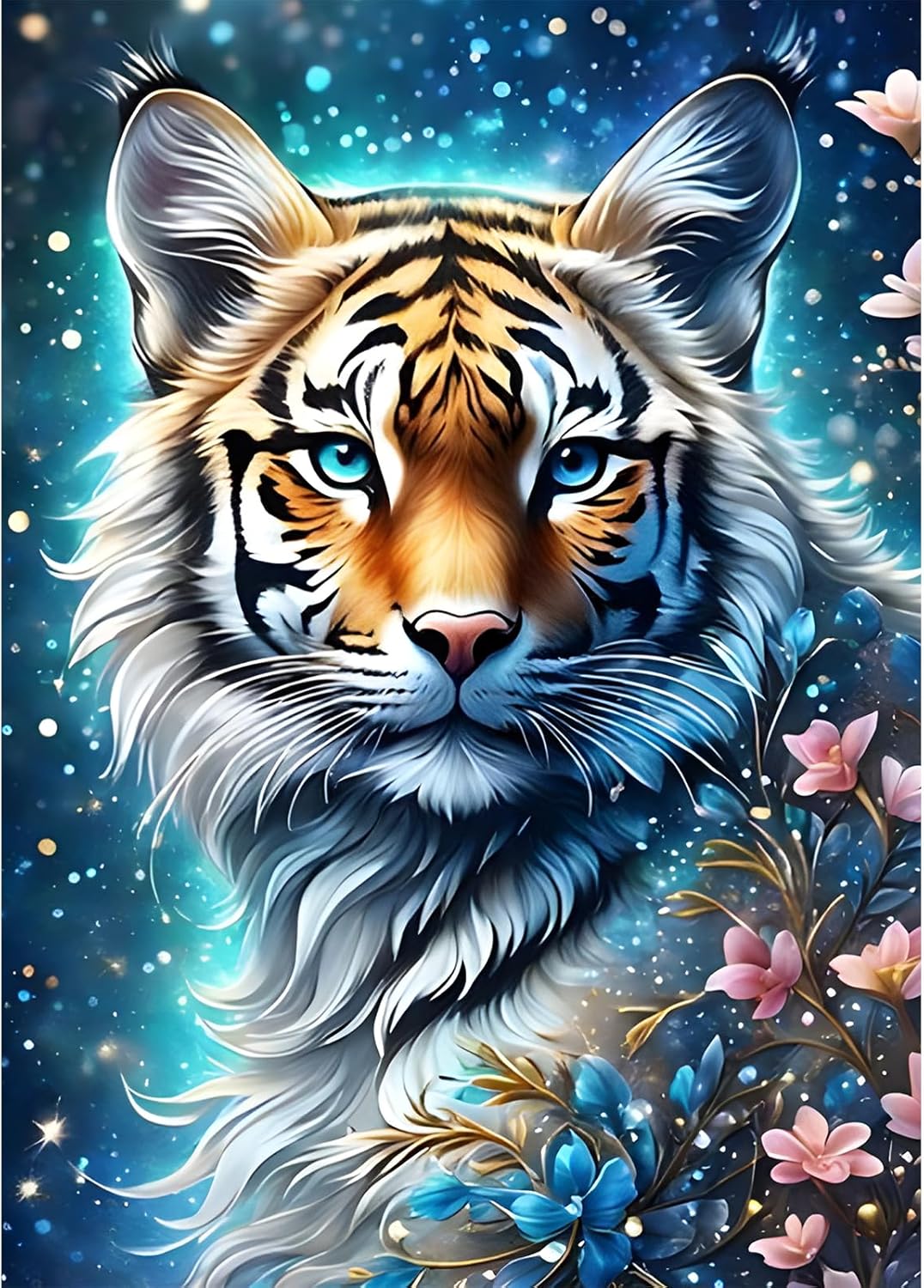 Glowing Tiger 5D Diamond Painting Kit for Adults – Full Drill Round Flower Diamond Art for Beginners, DIY Paint with Diamonds Gem Craft, 12x16 Inch