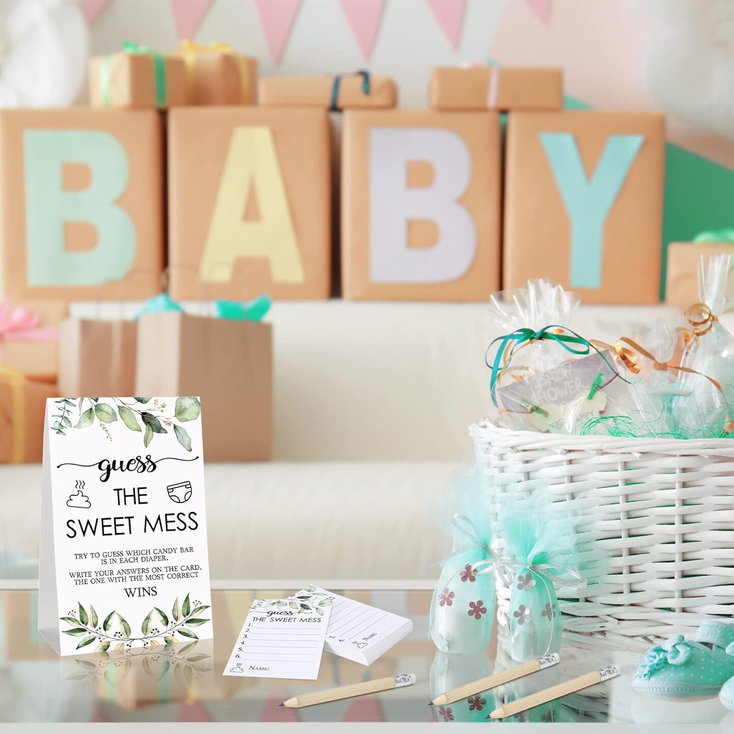 67 Pcs Guess The Sweet Mess Baby Shower Game Dirty Diaper Game Including Guess The Sweet Mess Sign 50 Small Cards 10 Pencils and 6 Number Stickers for Baby Shower Gender Reveal Party