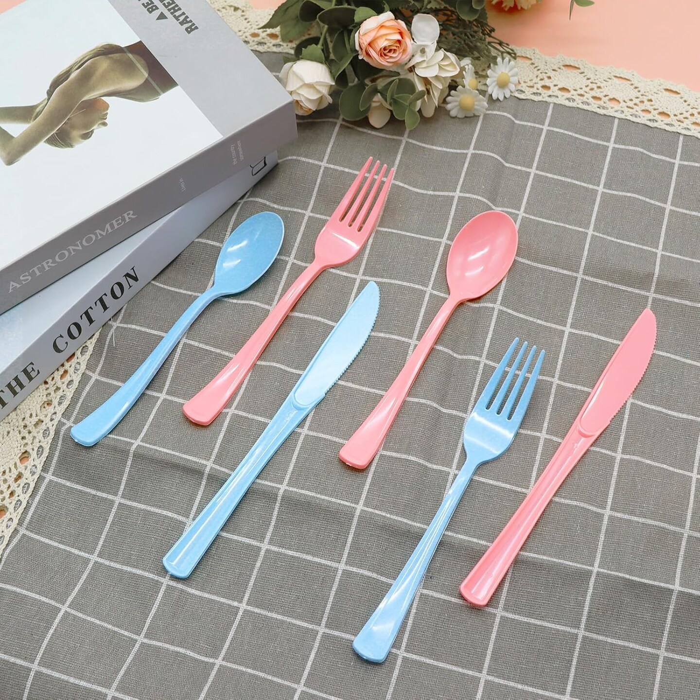 150 Pcs Pink and Blue Cutlery Heavy Duty Light Pink and Baby Blue Plastic Silverware - 50 Plastic Forks, 50 Knives, 50 Spoons for Baby Shower Gender Reveal