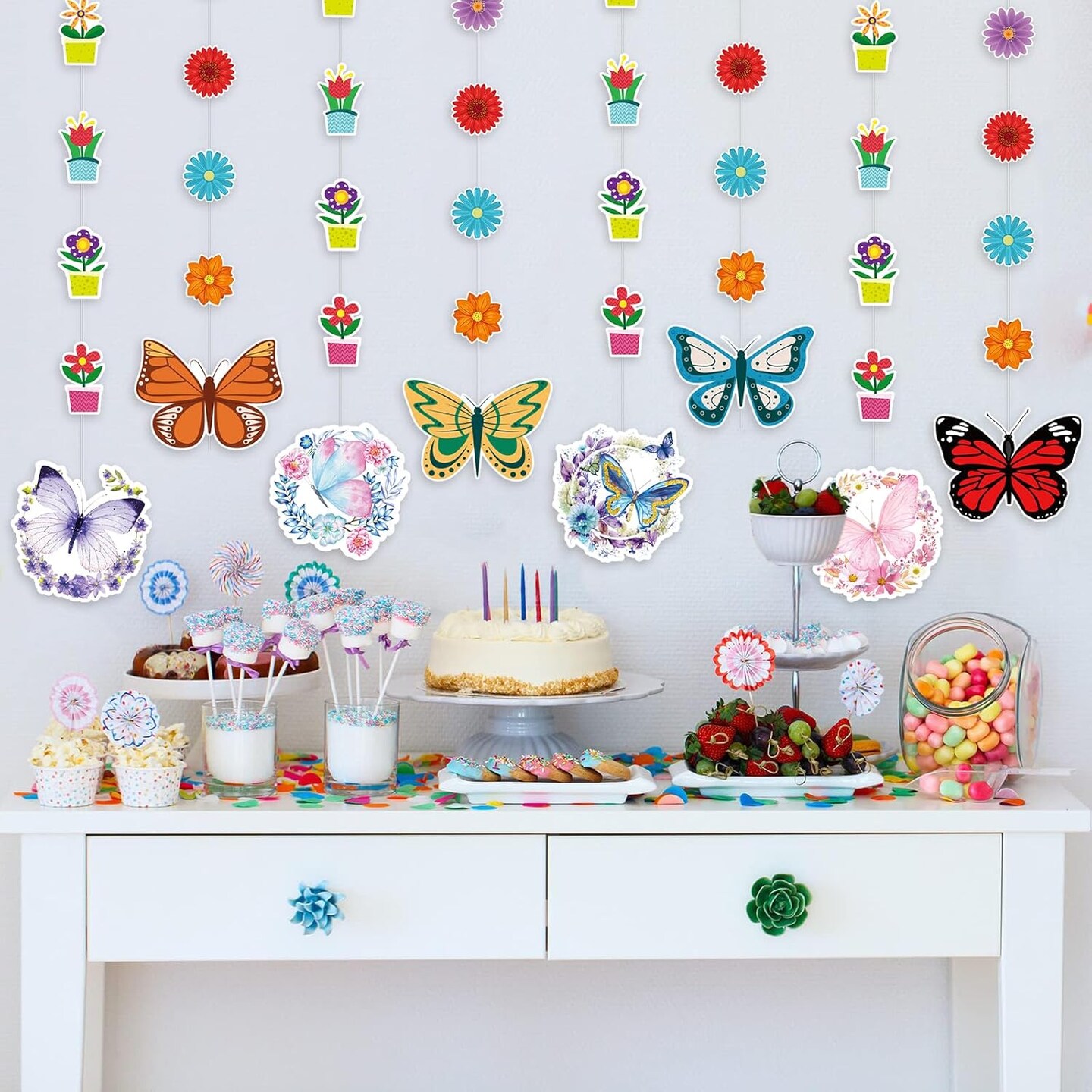 8 Pack Spring Flower & Butterfly Hanging Decorations – Floral Butterfly Garland Banner for Home, Classroom, Wedding, Birthday & Spring/Summer Parties