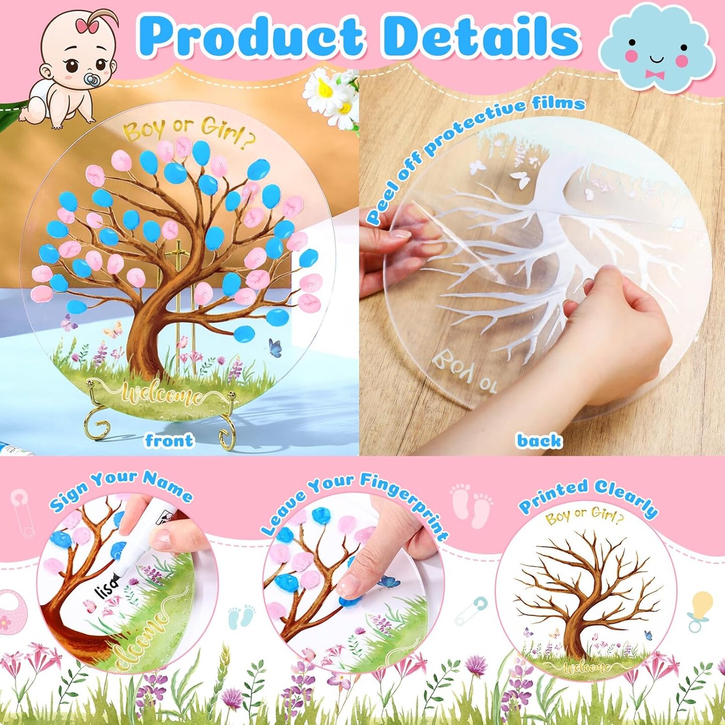 Gender Reveal Fingerprint Tree Boy or Girl Party Ideas Baby Shower Guest Book Party Game Gender Reveal Party Supplies for Baby Shower He or She Party Keepsake (Tree)
