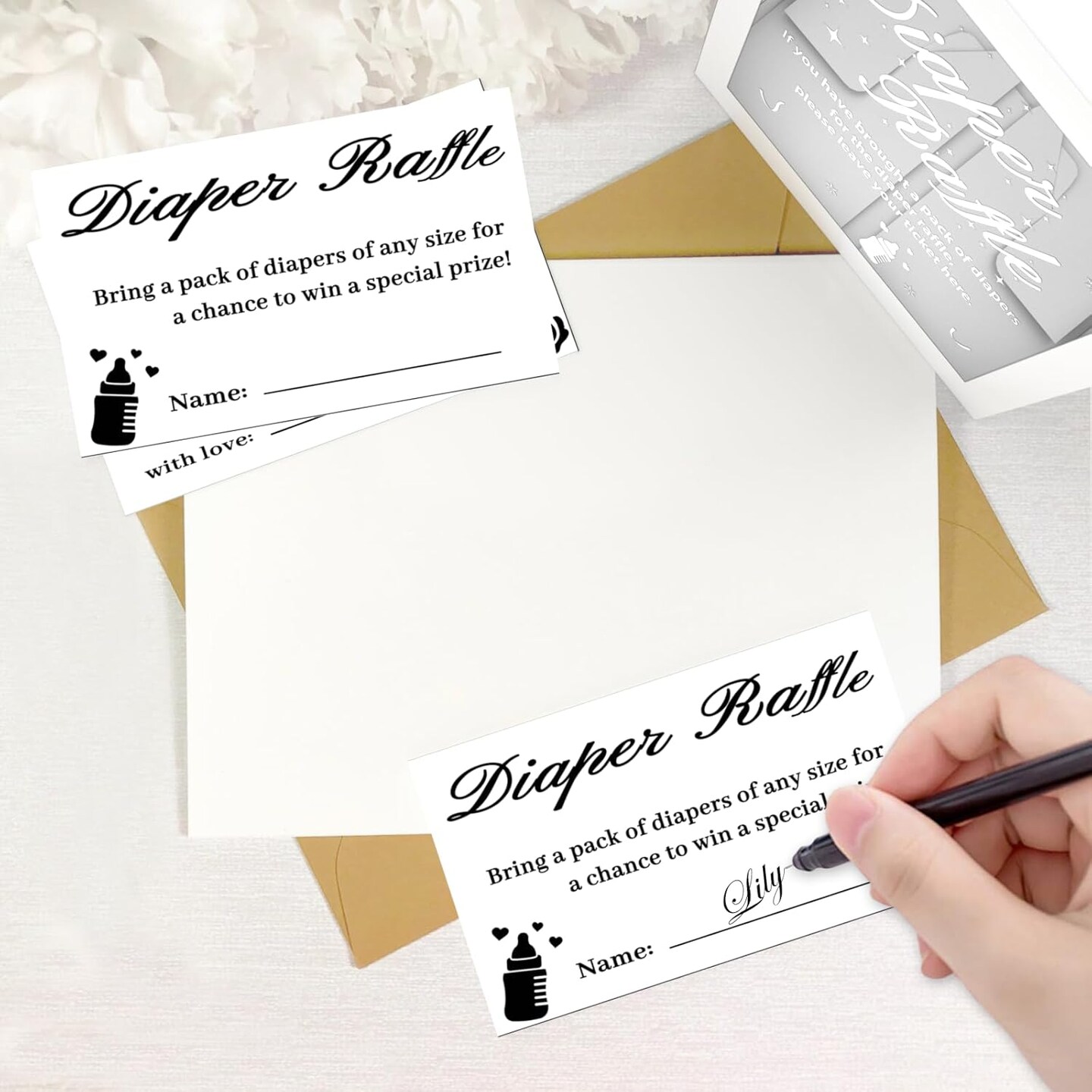 50 Pcs Diaper Raffle Tickets With Box for Baby Shower, Gender Reveal Card, Games, Party Decorations, Table Centerpiece