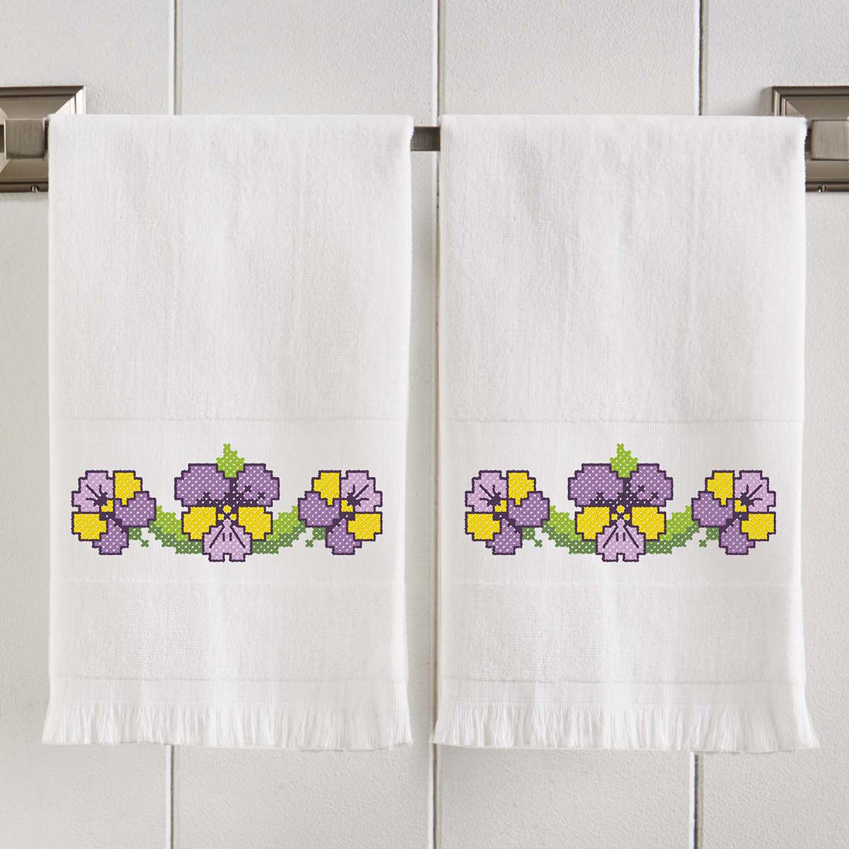 Herrschners Pansy Parade Terry Towel Pair Stamped Cross-Stitch
