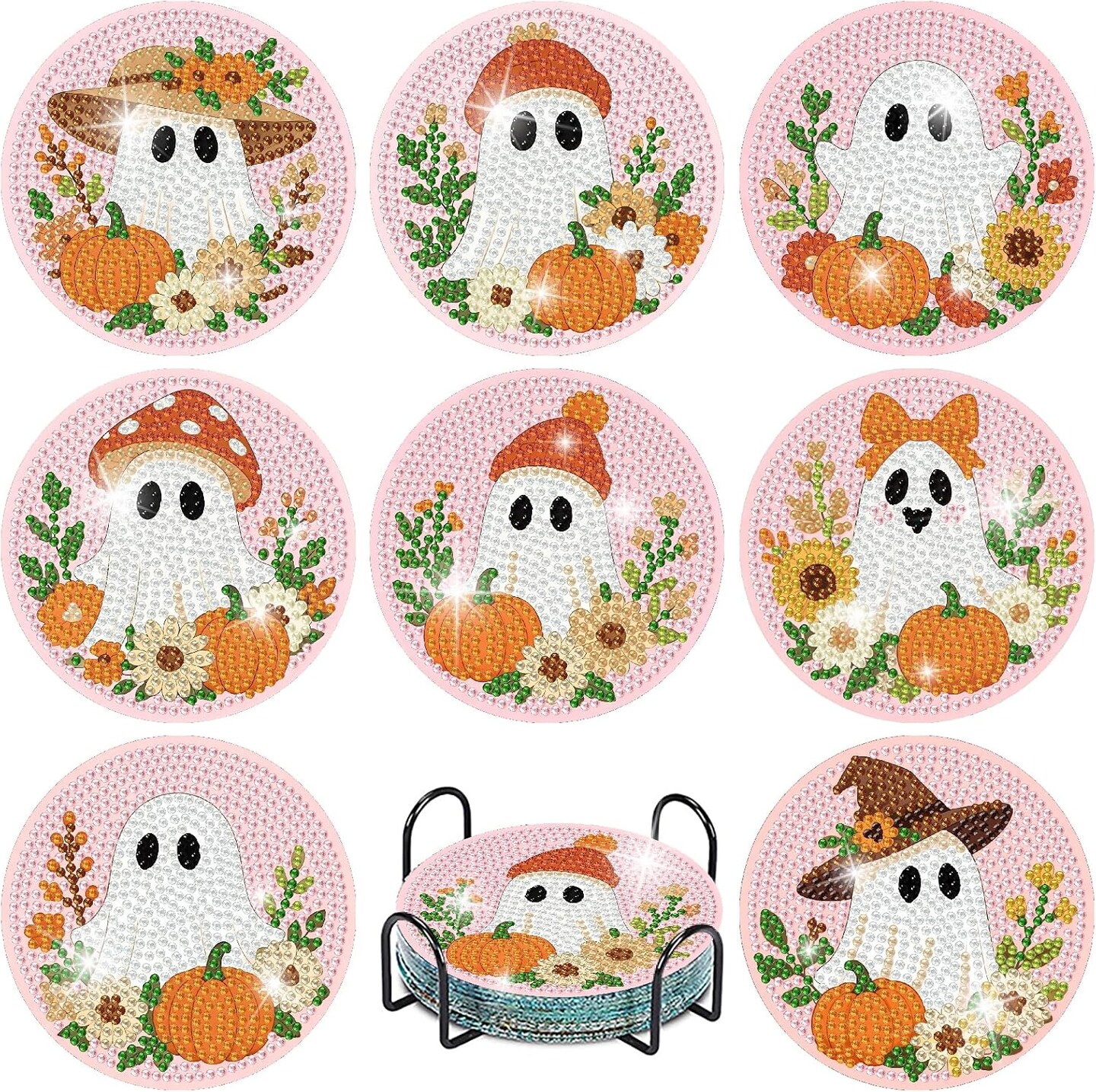 8 Pcs Halloween Diamond Art Coasters Kit with Holder, Ghost and