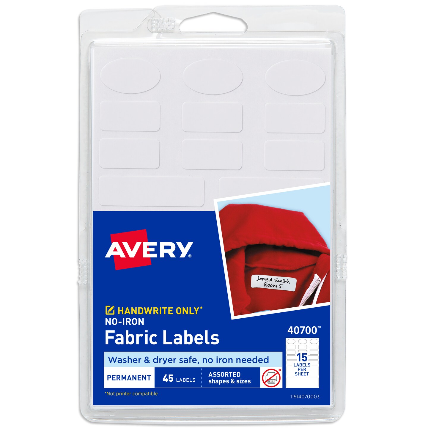 Avery No-Iron Fabric Labels, Assorted Shapes and Sizes, Washer and Dryer-Safe Waterproof Labels, Non-Printable, 45 Blank Labels Total (40700)