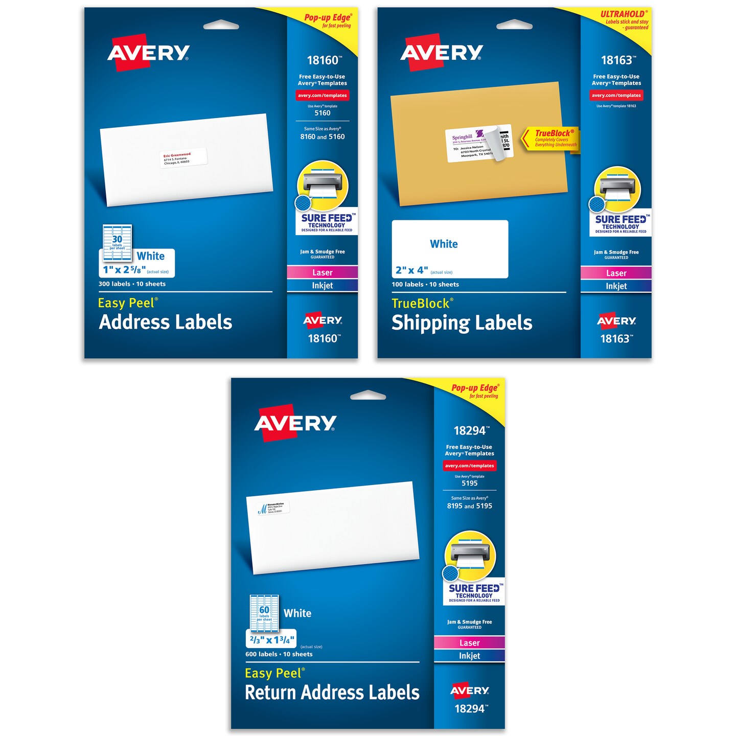 Avery White Address Labels with Permanent Adhesive, Sure Feed, 3 Sizes: 1&#x22;x 2 5/8&#x22; (300 Labels,18160), 2&#x22;x 4&#x22; (100 Labels,18163), 2/3&#x22;x 1 3/4&#x22; (600 Labels,18294), 1 Pack of Each, 1,000 Labels Total