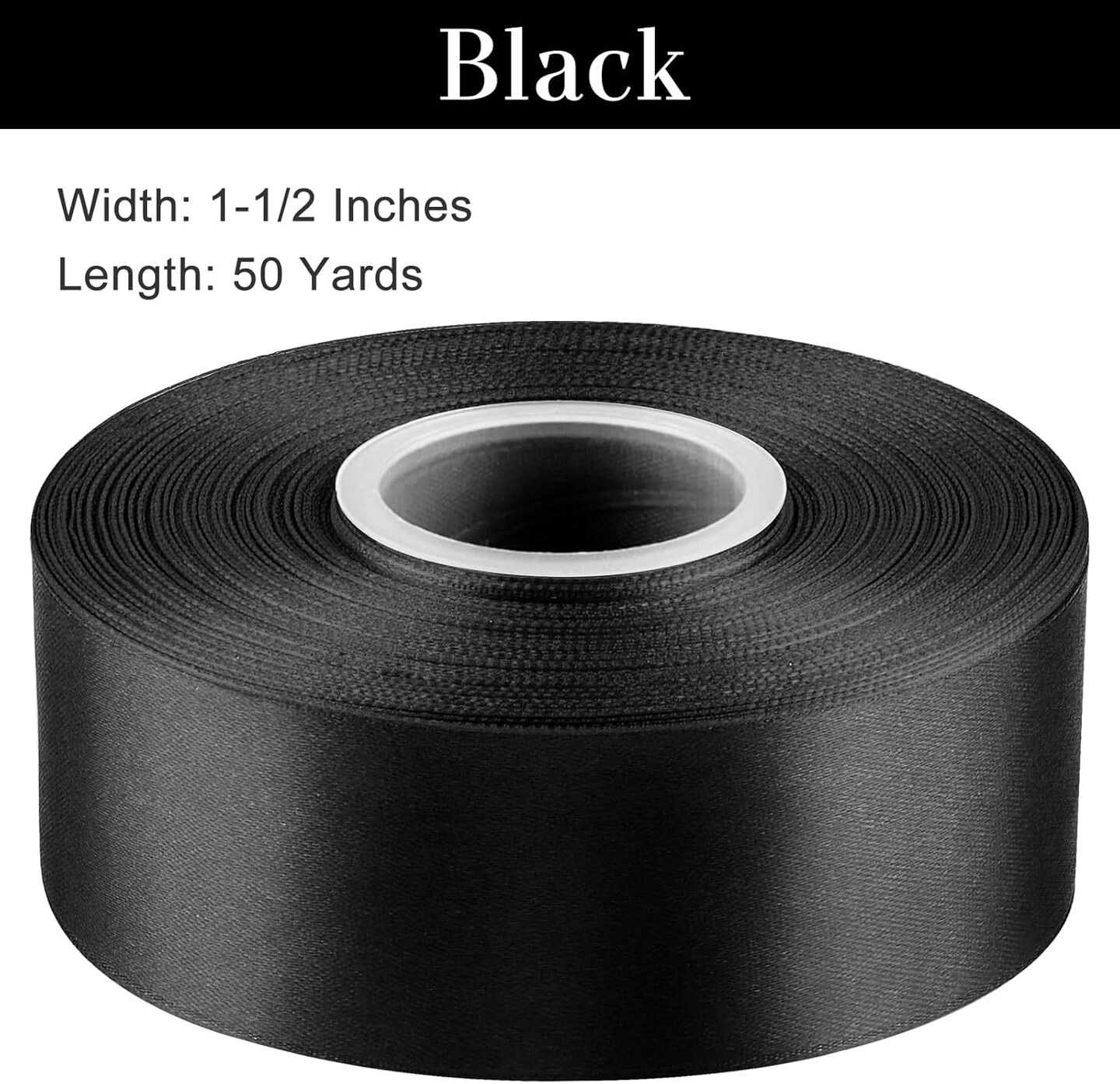 1-1/2 Inches 50 Yards Black Satin Ribbon, Solid Fabric Ribbon Roll