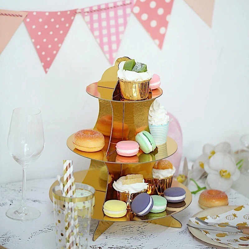 3-Tier 14" Gold Metallic Cupcake Stand – Cardboard Dessert Display Centerpiece