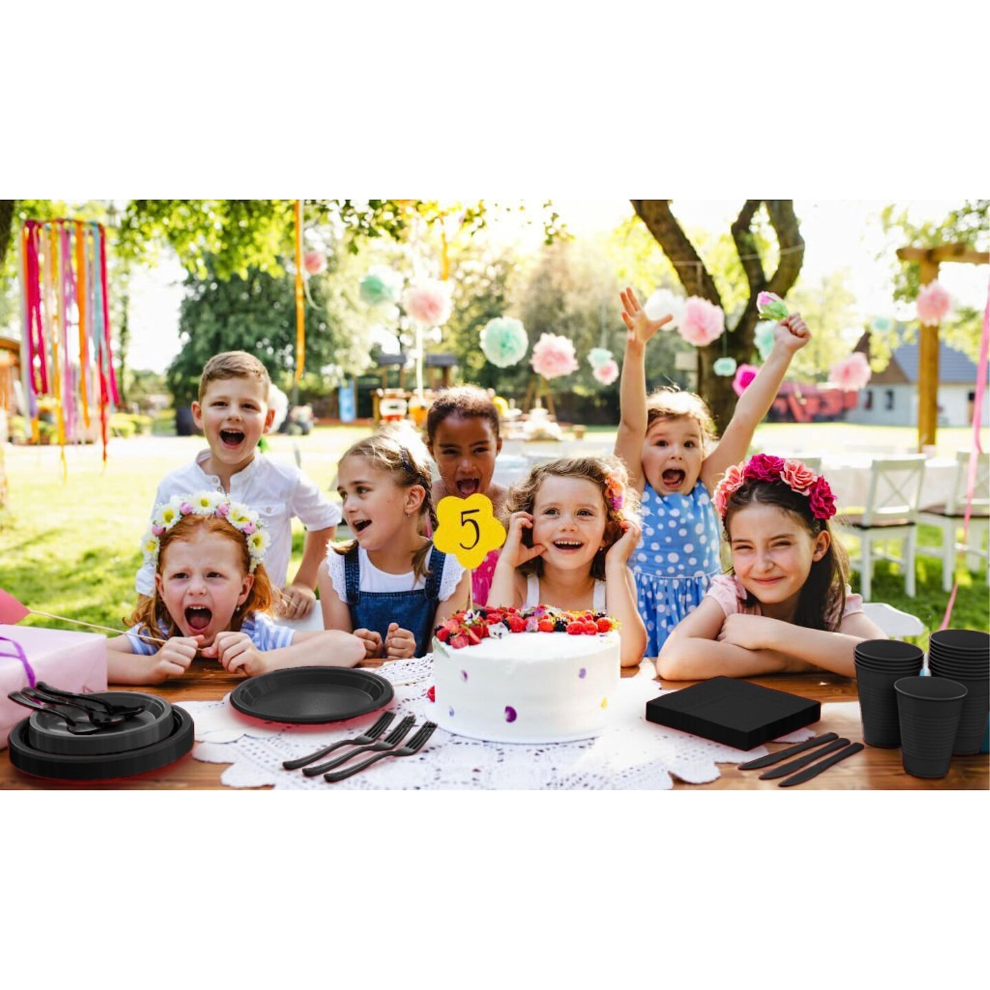 Exquisite 350 Pcs Plastic Plates for Party – Disposable Plates Set – 50 Each of 9" Dinner Plates, 7" Dessert Plates, Plastic Cups, Napkins & Plastic Cutlery – Plastic Dinnerware by Party Solids