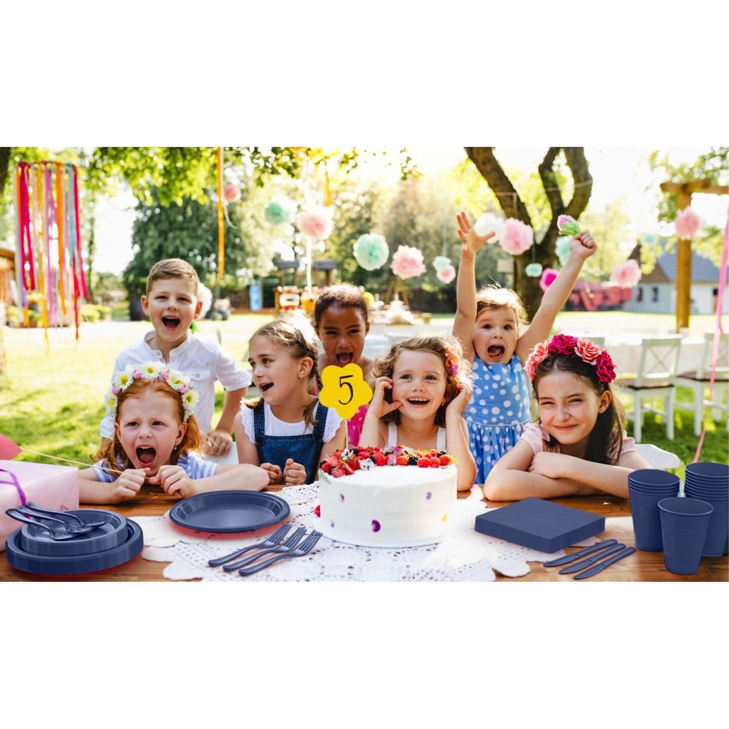 Exquisite 350 Pcs Plastic Plates for Party – Disposable Plates Set – 50 Each of 9" Dinner Plates, 7" Dessert Plates, Plastic Cups, Napkins & Plastic Cutlery – Plastic Dinnerware by Party Solids