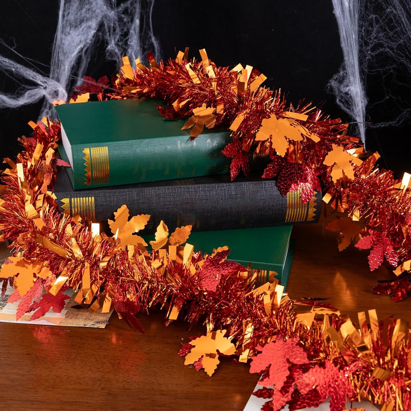 33Ft Thanksgiving Tinsel Garland, Maple Leaf Metallic Twist Foil