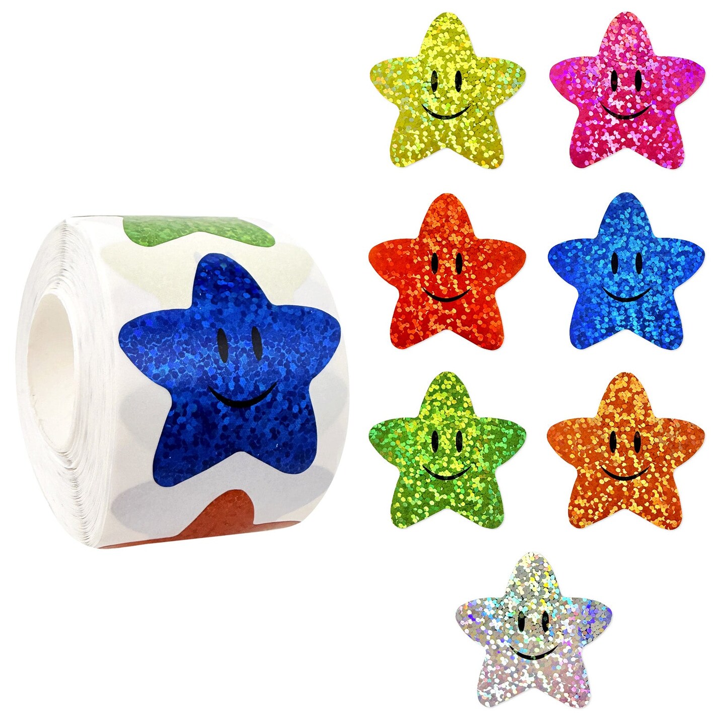 Wrapables 1.5 Inch Holographic Glitter Sticker Roll, for Sealing Envelopes, Gift Boxes, Journal, Party Decor and Supplies (500pcs), Smiling Stars