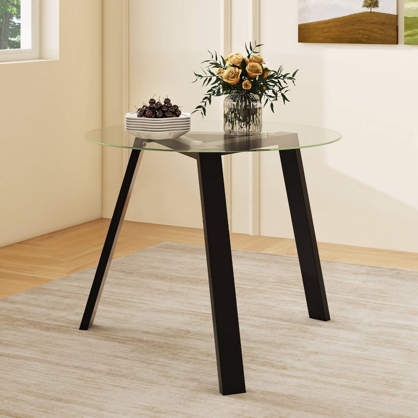 Costway 36&#x22; Round Glass Dining Table for 4 with Tempered Glass Tabletop Rubber Wood Frame Natural/Black