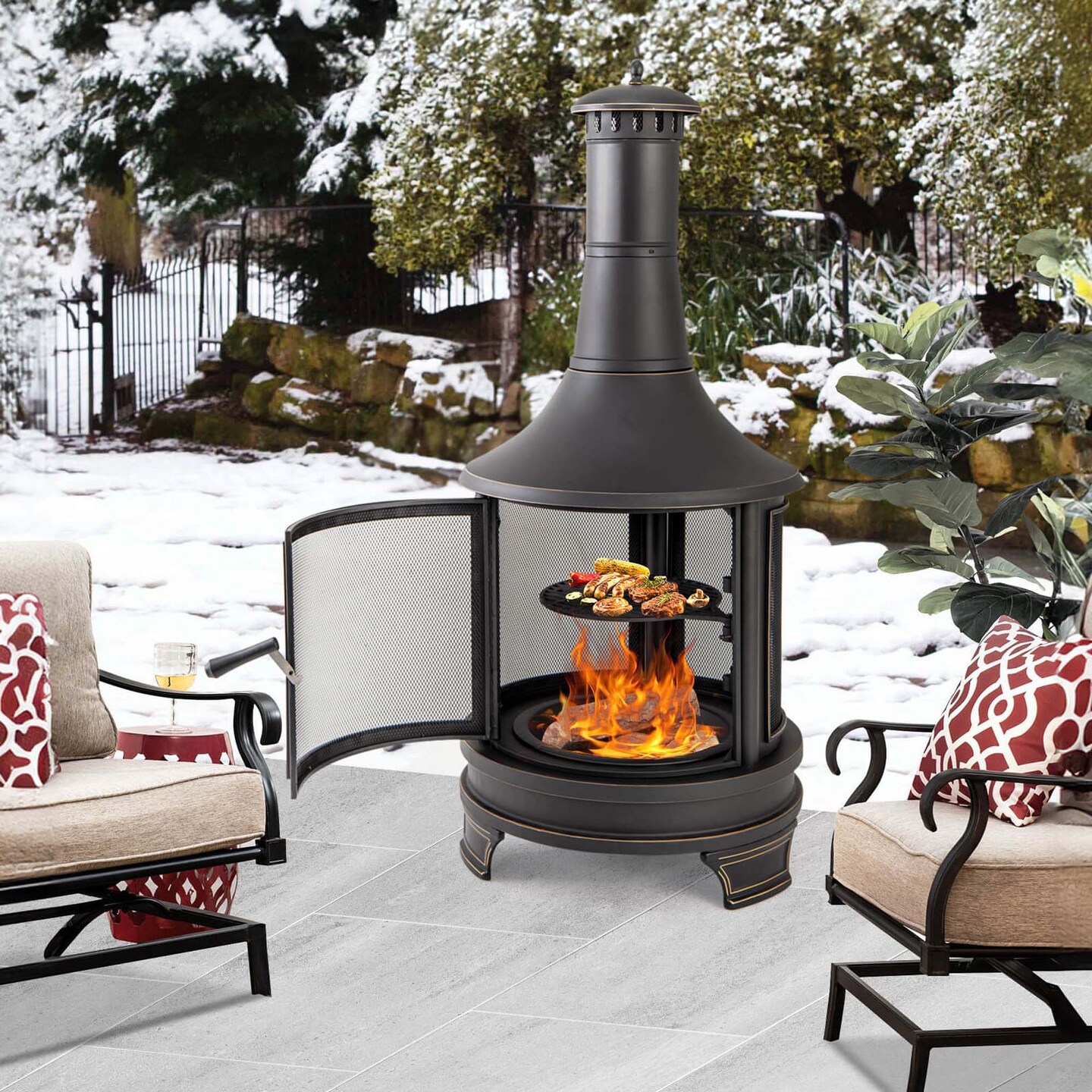 Costway 30 Inch Outdoor Fire Pit Chiminea 2 in 1 Wood Burning Metal Fireplace  with Grill