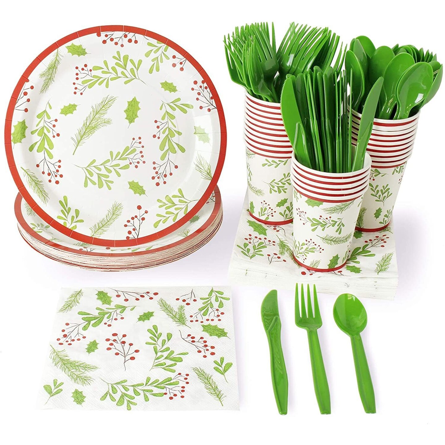 144 Piece Christmas Party Plates, Napkins, Cups, Cutlery with Holly Berry and Leaves Design (Serves 24)