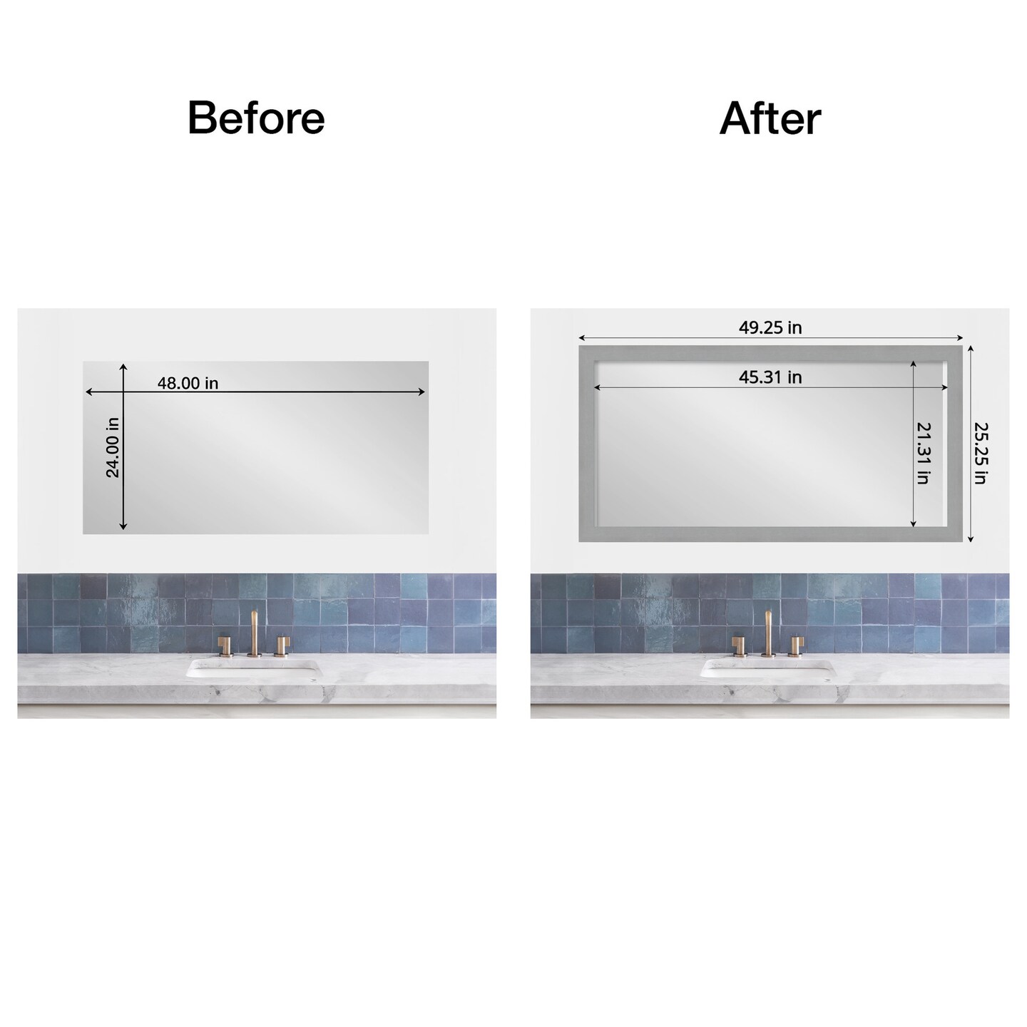 Amanti Art Mirror Makeover Bathroom Mirror Frame Border Kit - Fully Assembled Peel and Stick Frame - Mirror NOT Included - Brushed Black or Nickel Trim