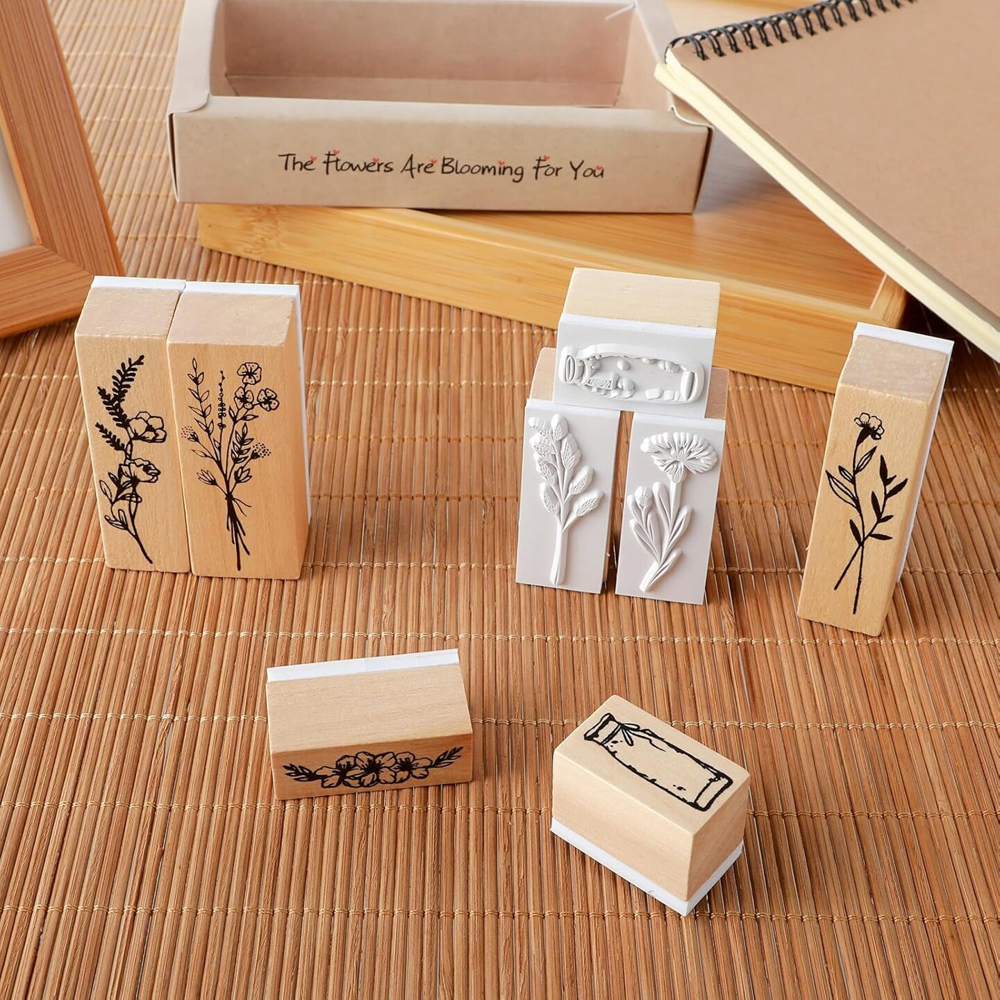 8 Pcs Vintage Wooden Rubber Stamps for Crafting Plant Stamps Flower Stamps Floral Stamps Decorative Stamps Set