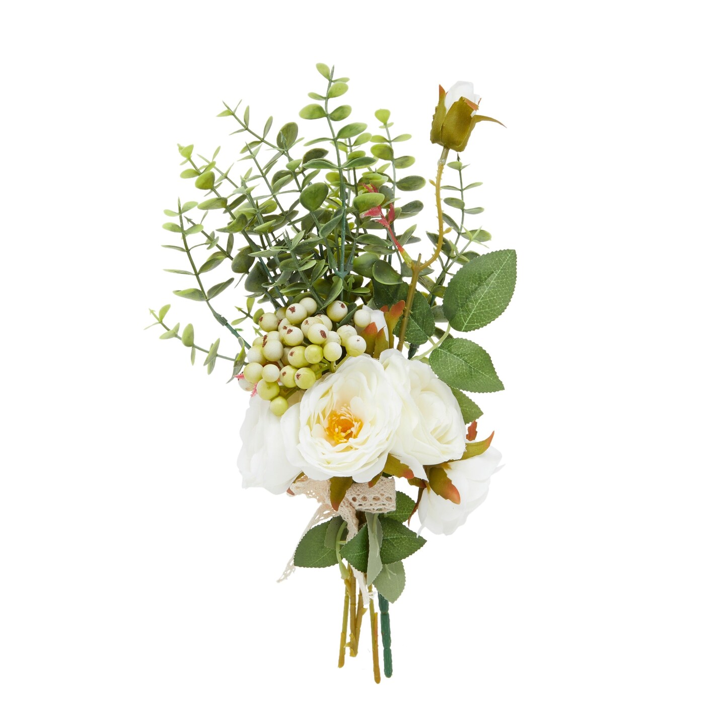 White Silk Roses, Eucalyptus and Berry Bridal Bouquet, Wedding Centerpiece (15.7x7 In)