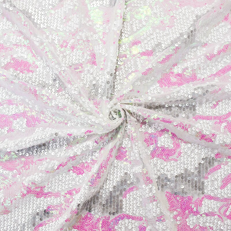 White-Silver-Iridescent Nylon-Poly Abstract Sequined Mesh Knit Fabric By the Yard