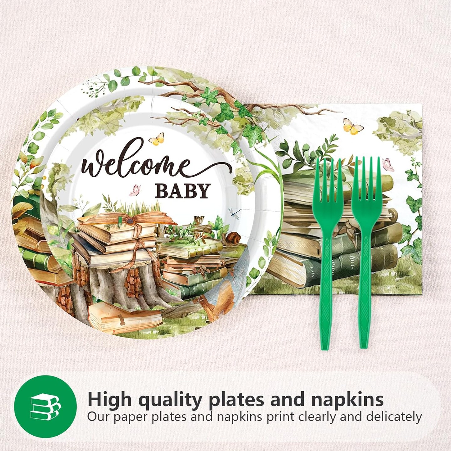 96 Pcs Storybook Baby Shower Decoration Tableware 350 GSM A New Chapter Will Soon Begin Book Plates Napkins Forks Set