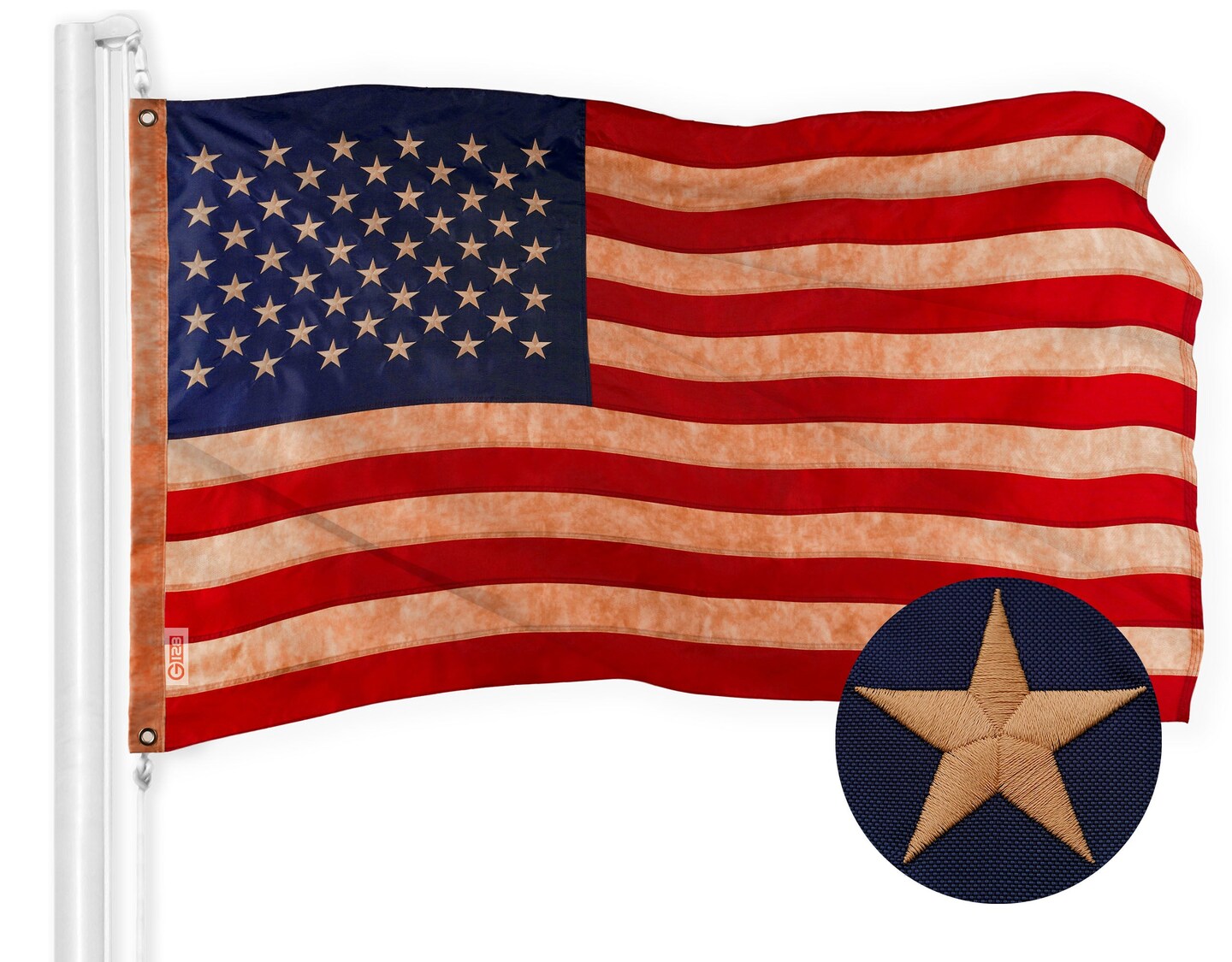 G128 American USA Tea-Stained Flag | 6x10 Ft | ToughWeave Pro Series Embroidered 420D Polyester | Embroidered Stars
