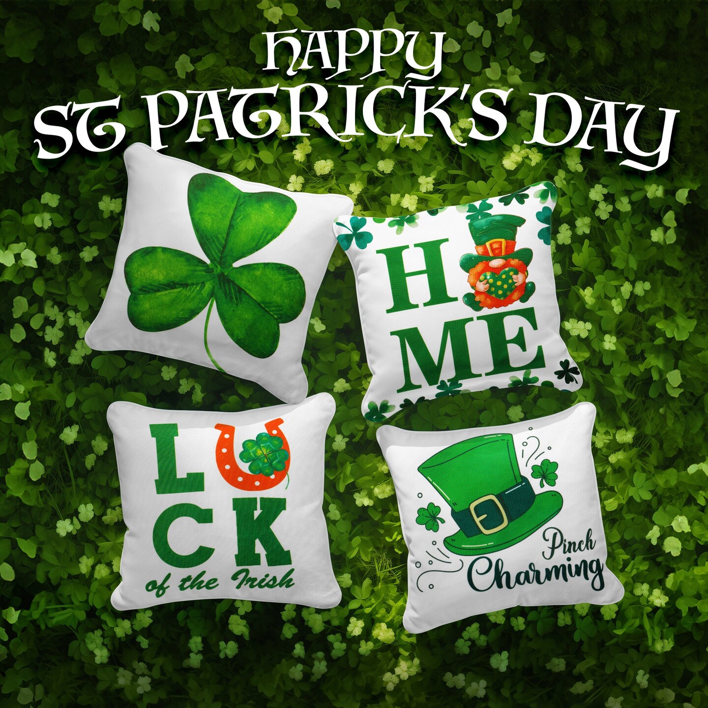 G128 St Patrick's Day Decoration Gnome Luck Shamrock Waterproof Throw Pillow | 18 x 18 in | Set of 4, Beautiful Cushion Covers for St Patrick's Day Sofa Couch Decoration, Pillow Insert Included