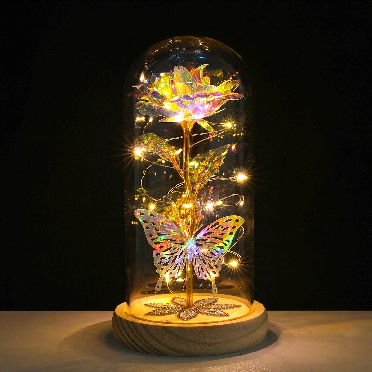 Eternal Preserved LED Rose with Butterfly in Glass Dome D&#xE9;cor