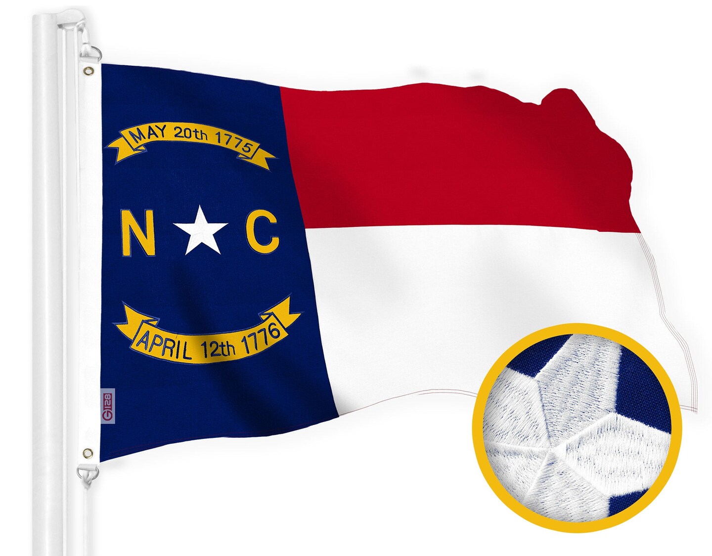G128 North Carolina State Flag | 3x5 Ft | StormFlyer Series Embroidered 220GSM Spun Polyester | Embroidered Design, Indoor/Outdoor, Brass Grommets, Heavy Duty, All Weather