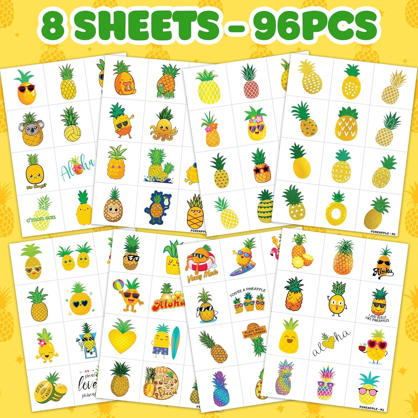 Pineapple Pre-cut Temporary Tattoos (8 Sheets 96PCS)
