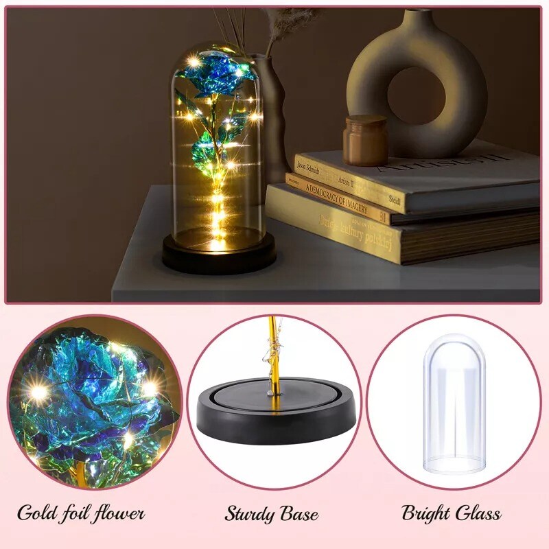 Preserved Rose in Glass Dome with LED Lights Elegant Gift Décor
