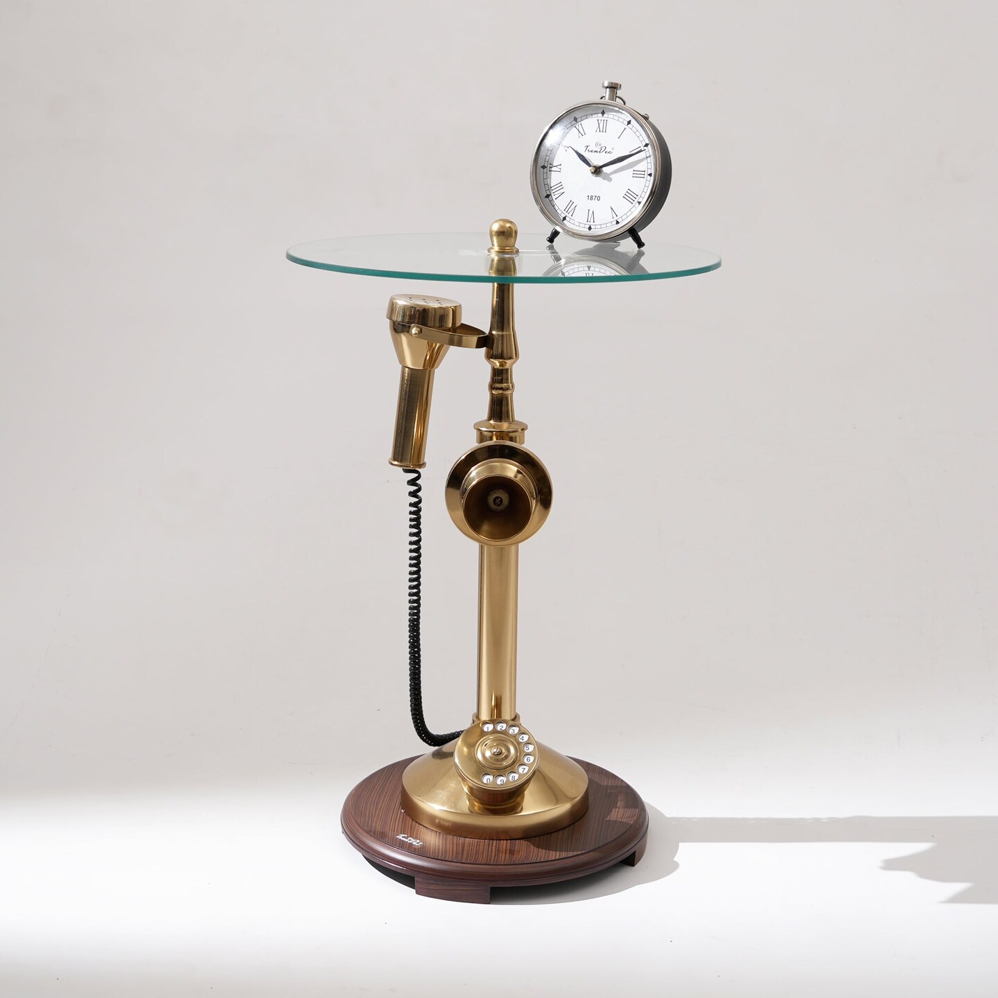 Decorative Gold Polished Aluminum Vintage Telephone Accent Table with Glass Top – 16x16x25"| Unique Side Table