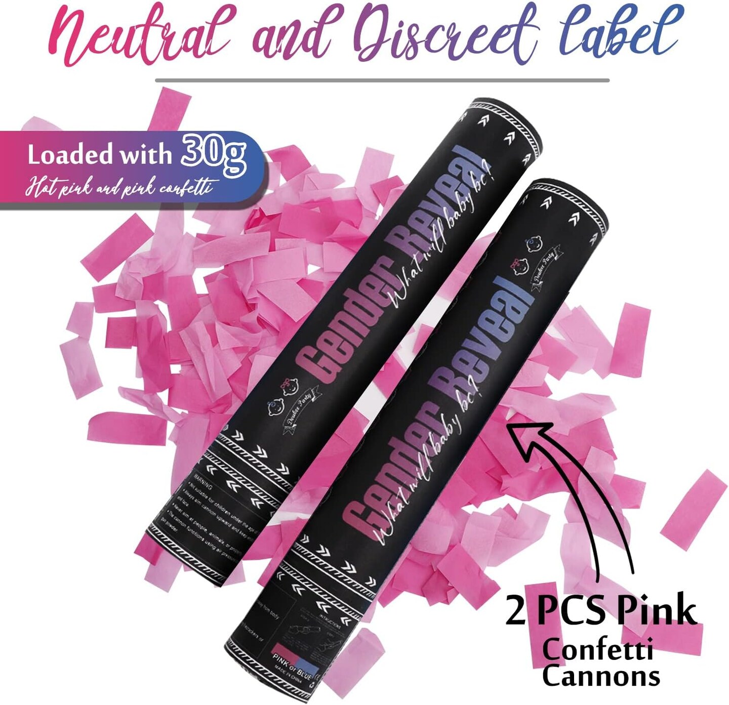 Gender Reveal Pink Confetti Cannon, Baby Shower Pink only Biodegradable Confetti Poppers for Girl Baby Reveal Party - 2 Set