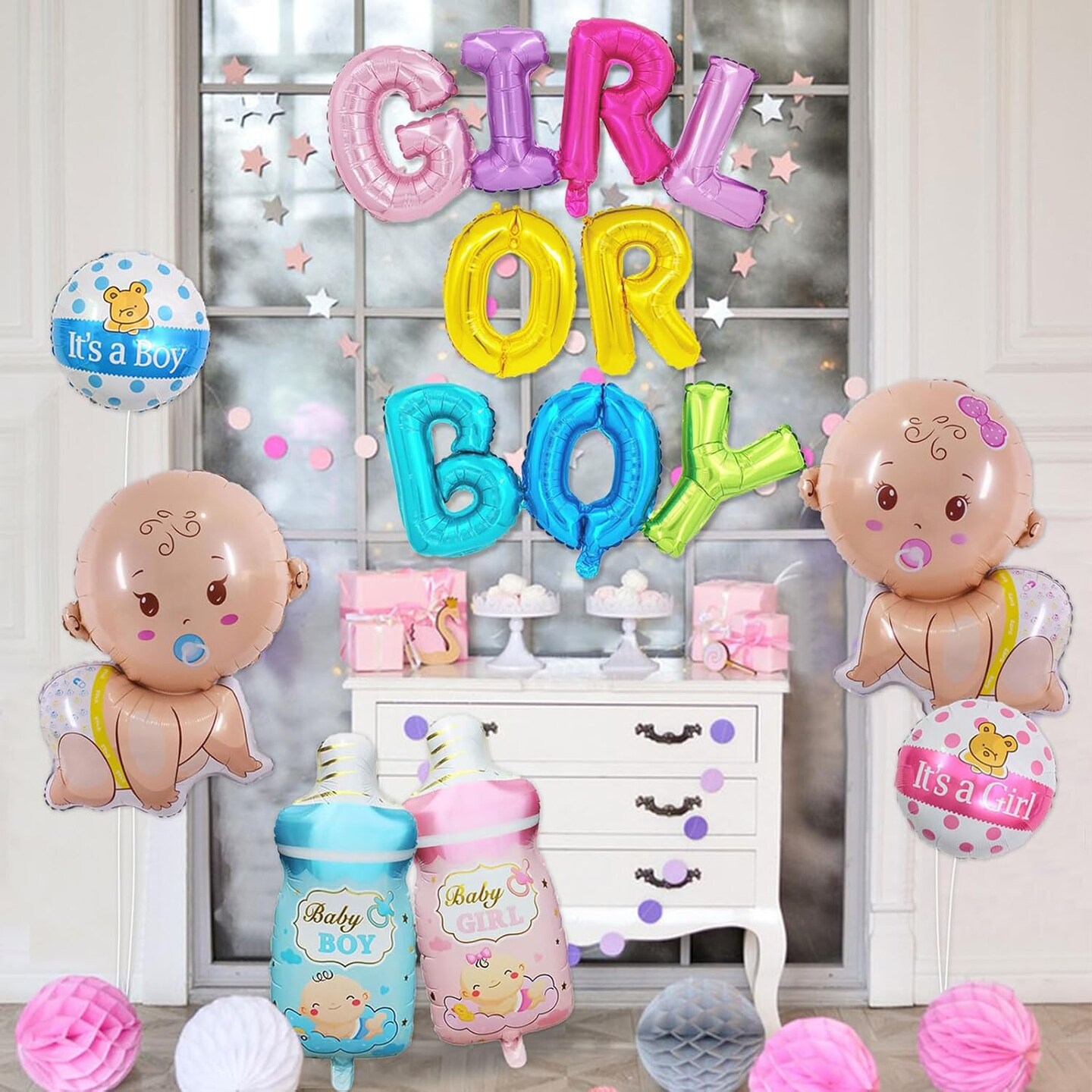 10 Pcs Gender Reveal Balloons, Baby Boy &#x26; Girl Mylar Balloons, Baby Shower &#x26; Gender Reveal Party Decorations