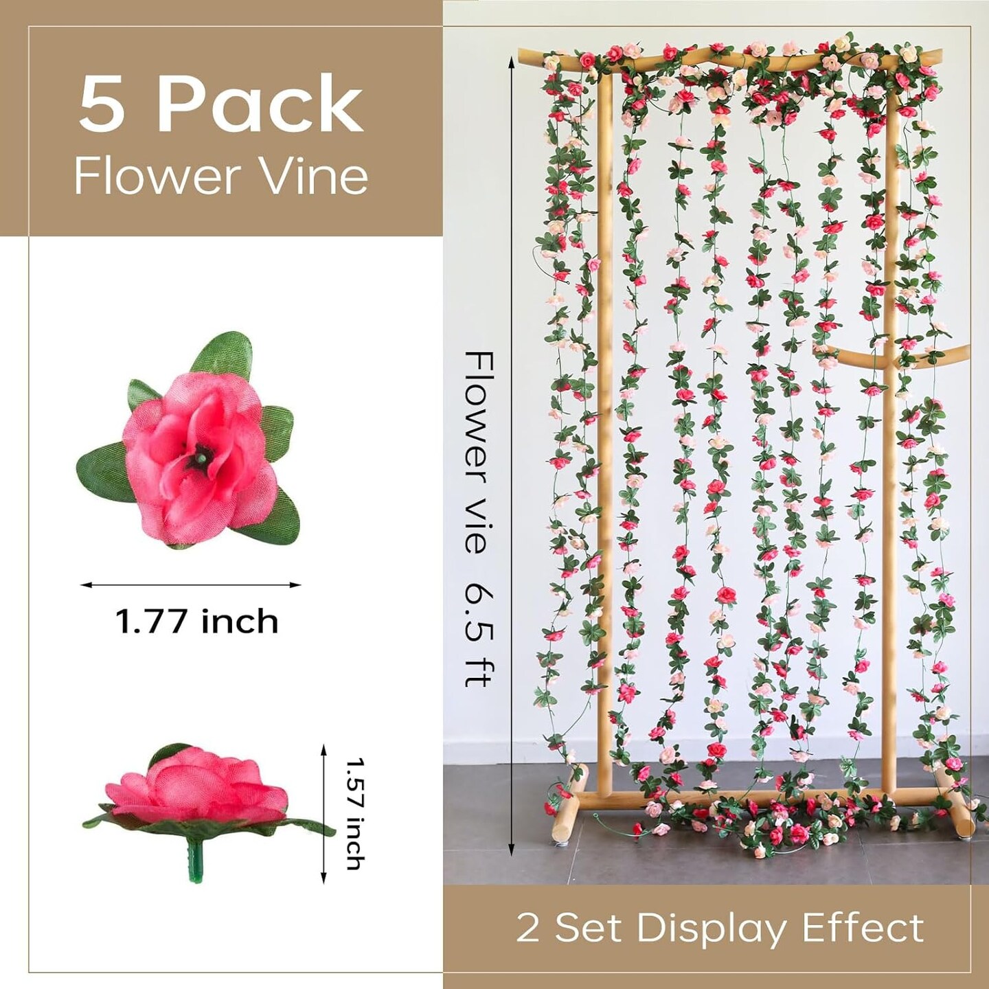 5PCS 41FT Pink Flower Garland – Artificial Rose Vines for Wedding, Flower Wall, Backdrop, Mother’s Day, Garden & Tea Party Decorations