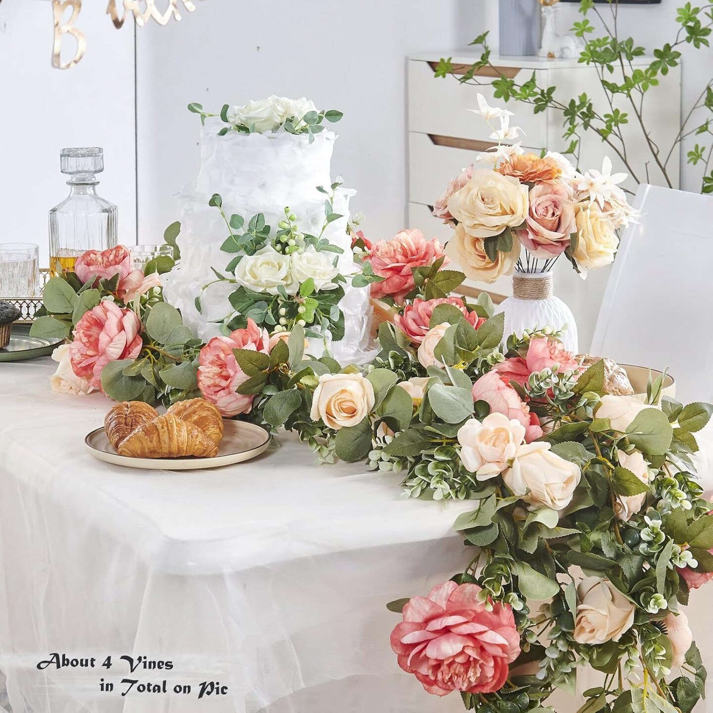 Flower Garland – Artificial Rose Vine with Hanging Fake Roses for Wedding, Birthday, Valentine’s, Christmas & Room/Wall/Arch Decor (2 Off-White & 1 Dark Pink)