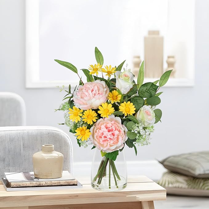 Artificial Flowers in Vase, Mixed White Rose Pink Peony Yellow Daisy and Greenery Leaf Floral Arrangements, Fake Flowers in Glass Vase with Faux Water, Home Wedding Patio Centerpiece Decor
