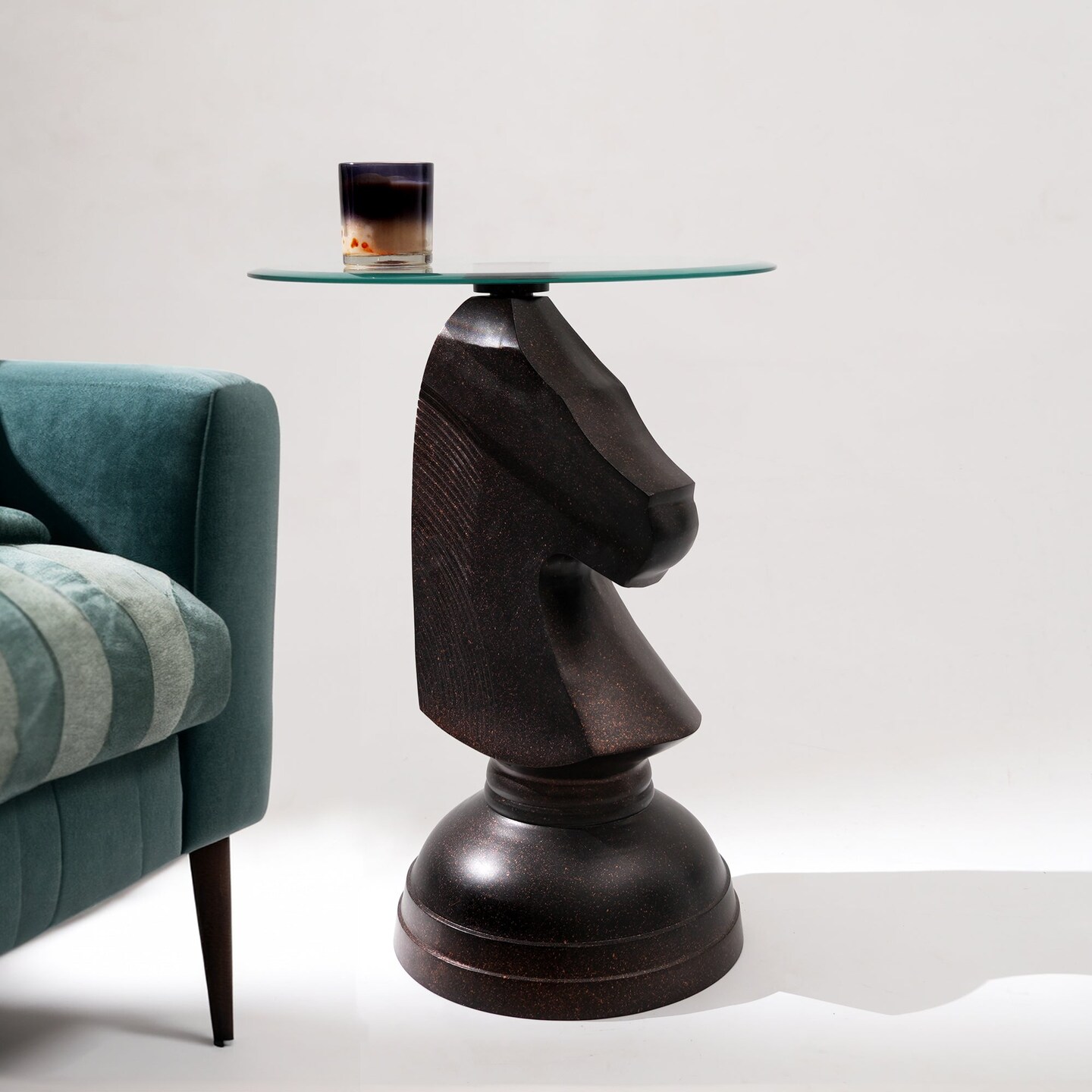 Decorative Antique Brass Finished Aluminum Hammered Horse Motif Accent Table with Glass Top – 18x18x24"| Unique Side Table