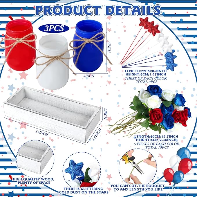 4th of July Mason Jar Centerpiece for Table Independence Day Farmhouse Mason Jar Decor Include 1 Decorative Wood Tray 3 Decorative Jars 15 Rose Flowers 9 Star Sticks for Home Decorations