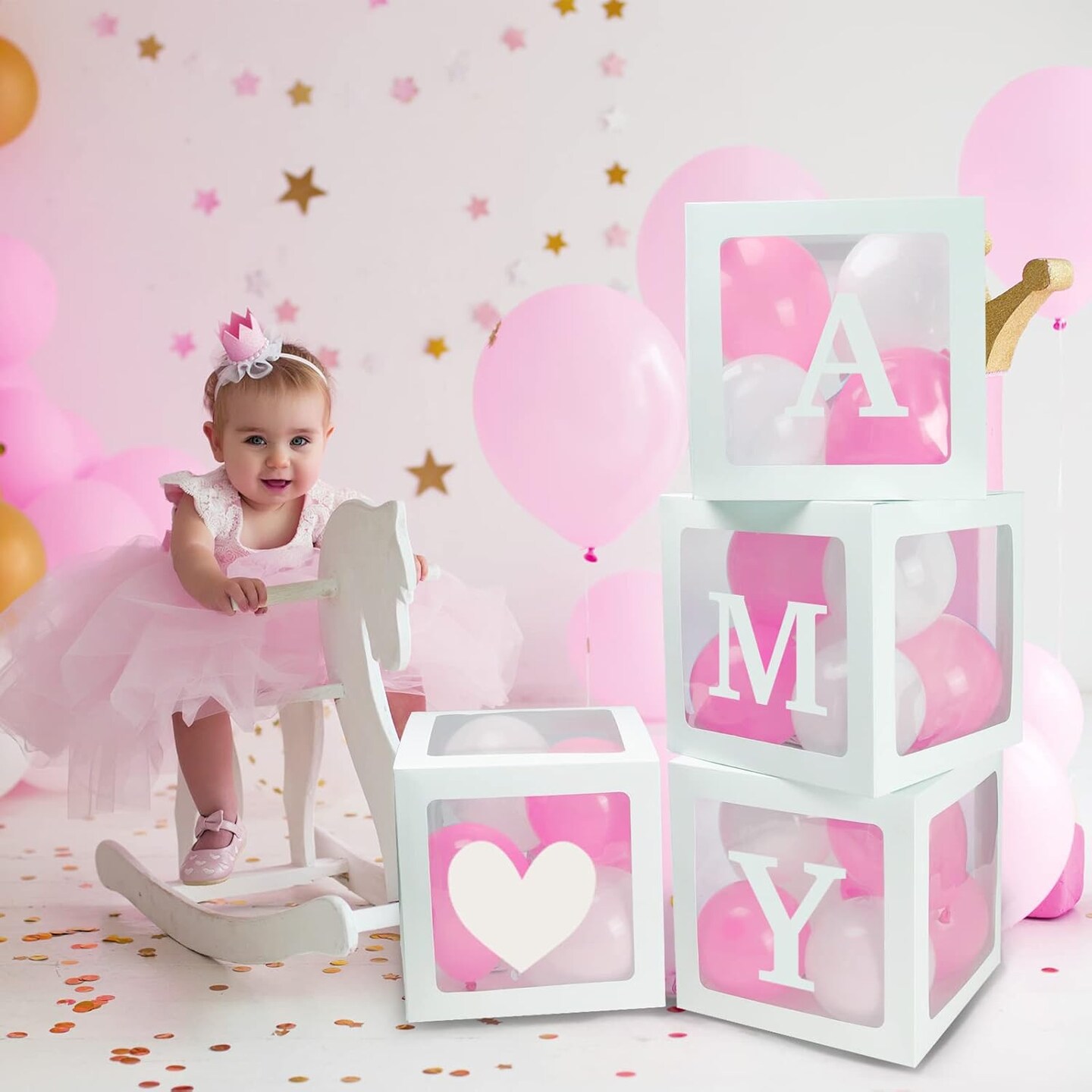 Baby Boxes with 41 Letters and 36 Balloons, 4pcs Clear Balloon Boxes for Baby Shower Gender Reveal Girl Boy Blocks Birthday Party Decorations